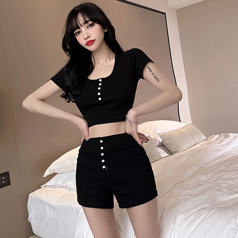Set Áo Croptop Màu Sắc Đơn Giản + Quần Short Lưng Cao Phong Cách Hàn Quốc