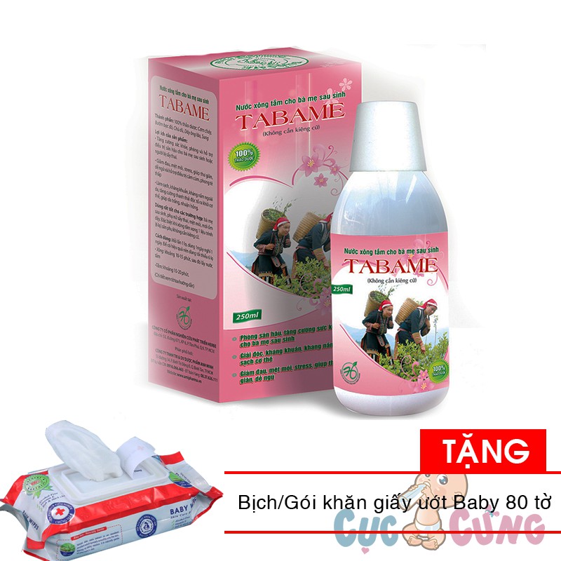 Chai nước xông tắm cho mẹ sau sinh Tabame 250ml Tặng 1 bịch khăn giấy ướt Baby 80 tờ