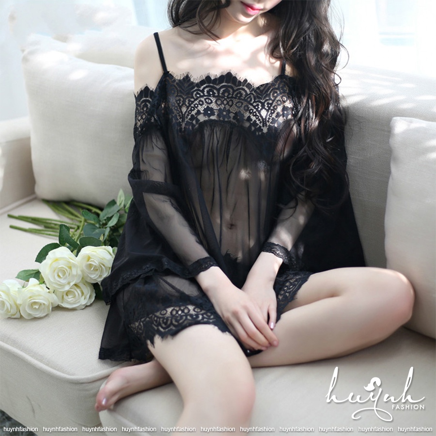 Váy ngủ ren xuyên thấu trễ vai sexy gọi cảm - N28