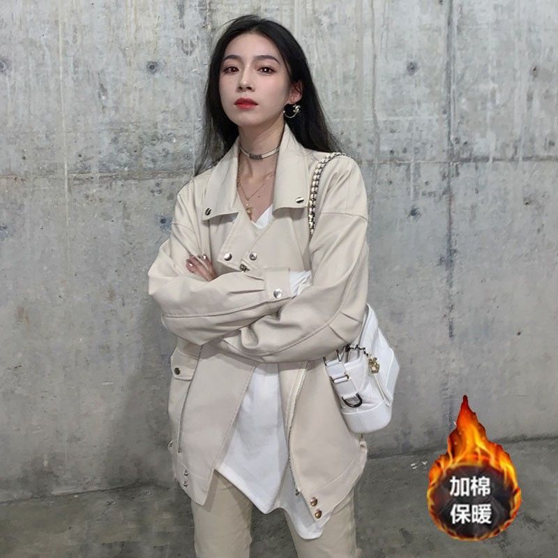 Áo khoác da PU dáng rộng phong cách đường phố Hồng Kông thời trang thu đông cho nữ