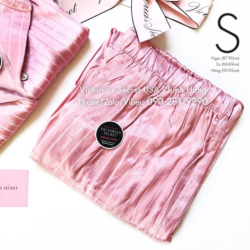 (Size S - Bill Mỹ) - Bộ đồ ngủ dài (53) sọc hồng đậm, chất vải satin, Dusk Pink -  Mỹ