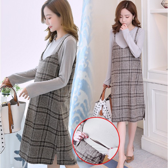 Đầm Bầu Thu Đông: Set Yếm Dạ 2 Dây Kẻ Caro Có Khóa Cho Con Ti