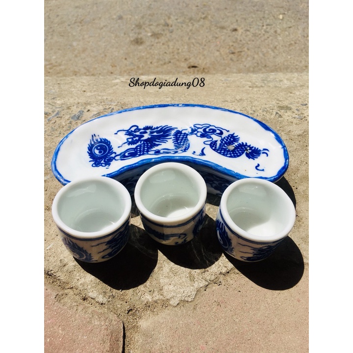 BỘ 3 KỶ CHÉN THỜ MÀU XANH HÌNH RỒNG BAY PHƯỢNG MÚA HÀNG BÁT TRÀNG