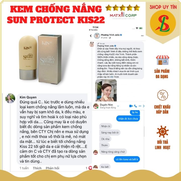 Kem chống nắng Sun Protect Kis22 không bết rít nâng tone nhẹ, bảo vệ da khỏi tia UV, SPF 50+ PA++++