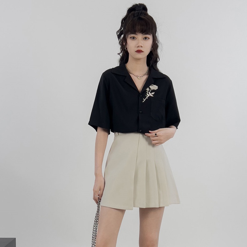 Áo Sơ Mi Màu Đen Phong Cách Retro Hàn Quốc Cho Nữ