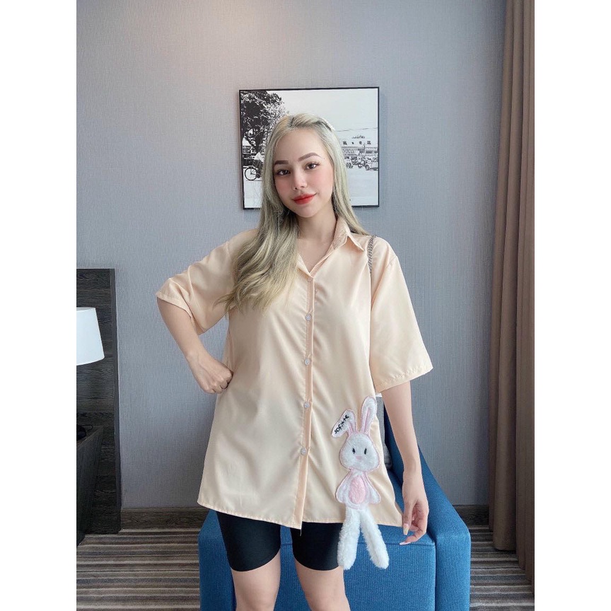 Áo sơ mi Nữ tay lỡ ngắn tay thỏ bông nhỏ xinh xắn kute, vải lụa mềm mại, có 3 màu | BigBuy360 - bigbuy360.vn
