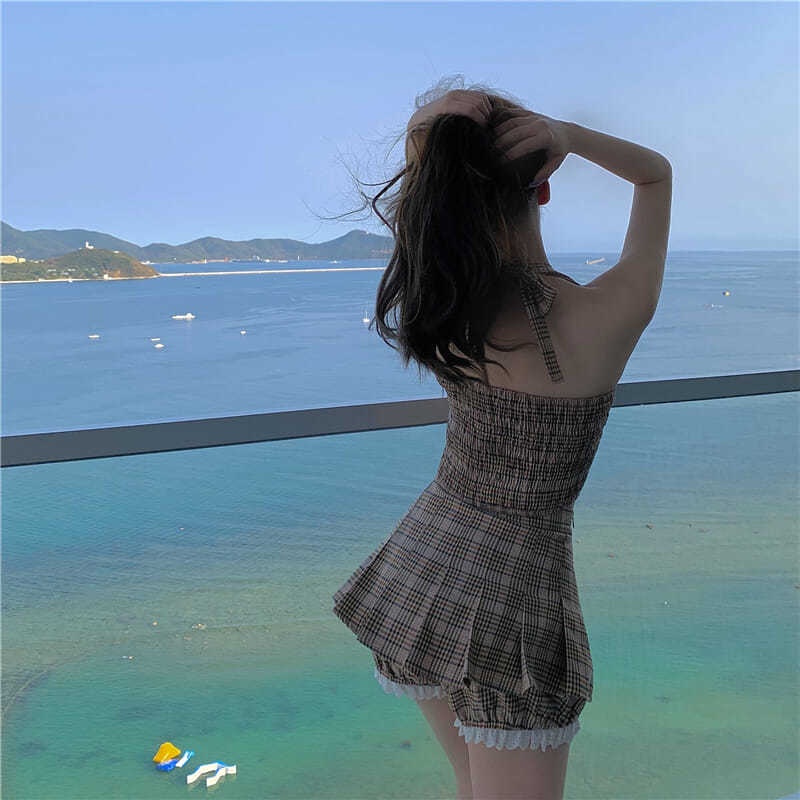 COZOK Áo vest Không Tay + Váy Kẻ Sọc Cổ Điển Bộ Hai Mảnh