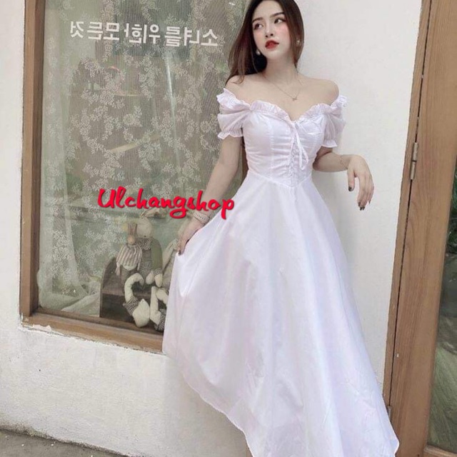 Đầm trắng xoè viền bèo ngực nơ ngực mặc 2 kiểu ulzzang hàn quốc | BigBuy360 - bigbuy360.vn