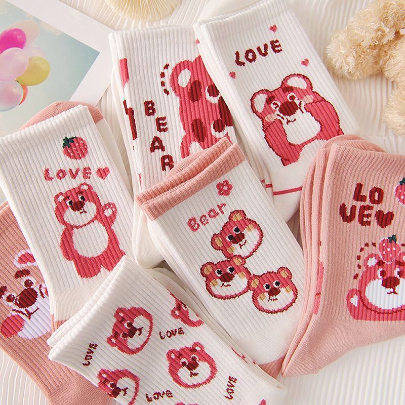 Vớ Ống Dài In Họa Tiết Gấu Hồng Dễ Thương Thời Trang Thu Đông Cho Nữ