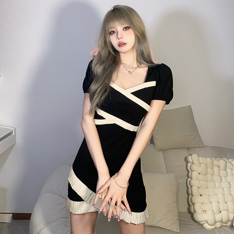 Kliou Đầm chữ A KLIOU tay phồng ngắn phối ren phong cách Pháp ngọt ngào thanh lịch cho nữ