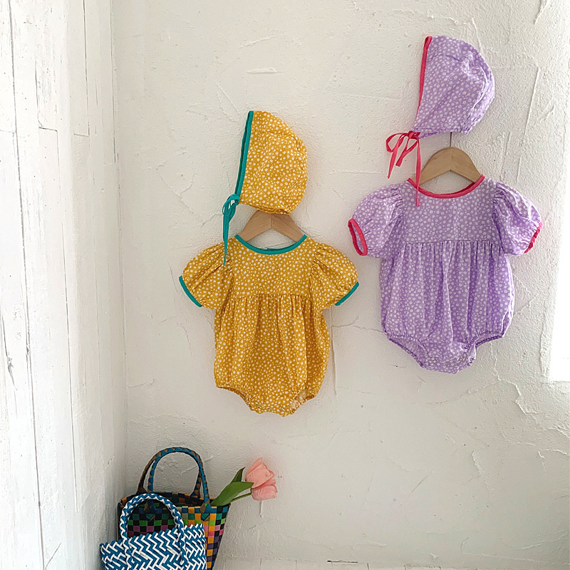 Bộ Áo Liền Quần Tay Ngắn In Hoa + Mũ Thời Trang Mùa Hè Dễ Thương Cho Bé Gái Sơ Sinh