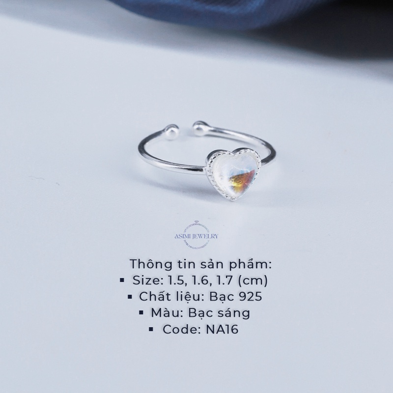 Nhẫn nữ bạc đá mặt trăng Asimi, Nhẫn bạc Ý S925 mặt trái tim đính đá Heart Gem NA21