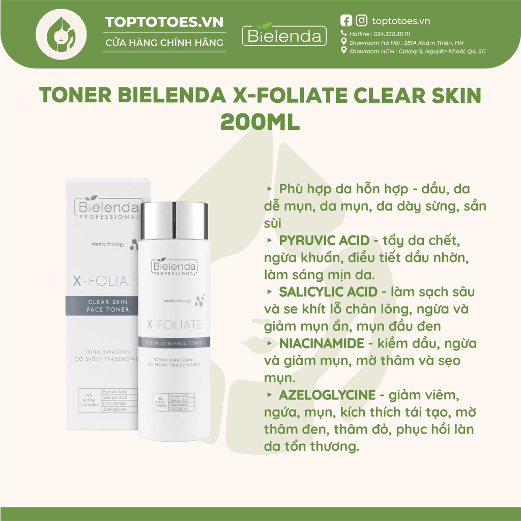 Toner giảm mụn Bielenda Professional X-Foliate Clear Skin with Acids 200ml làm sạch, ngừa viêm, giảm mụn