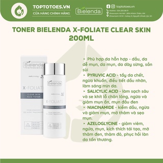 Toner giảm mụn Bielenda Professional X-Foliate Clear Skin with Acids 200ml làm sạch, ngừa viêm, giảm mụn