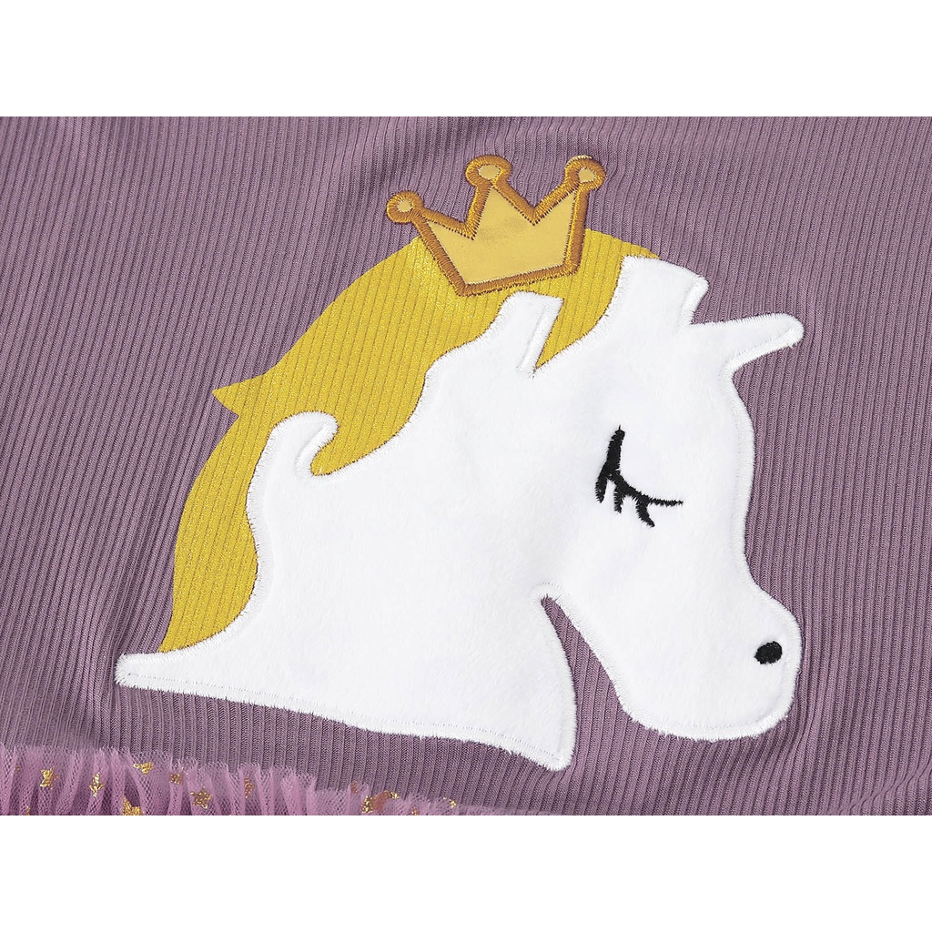 Đầm Công Chúa Tay Dài Phối Lưới In Họa Tiết Ngựa Pony / Vương Miện Xinh Xắn Thời Trang Mùa Thu Cho Bé Gái
