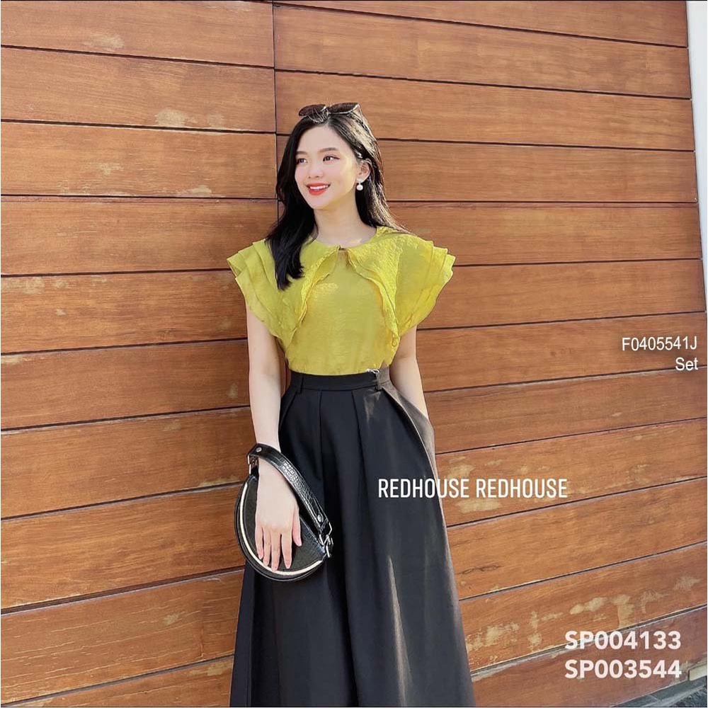 Set áo sơ mi kiểu cổ phối bèo tầng kèm chân váy xòe dáng dài!