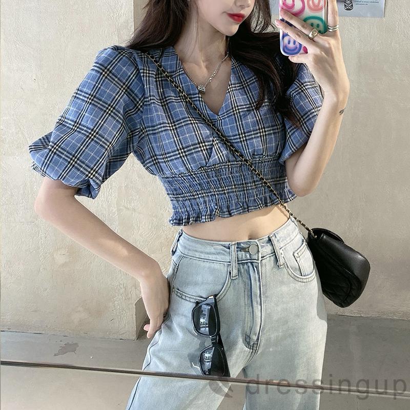 Áo Croptop Tay Lỡ Cổ Chữ V Họa Tiết Ca Rô Thời Trang Dành Cho Nữ