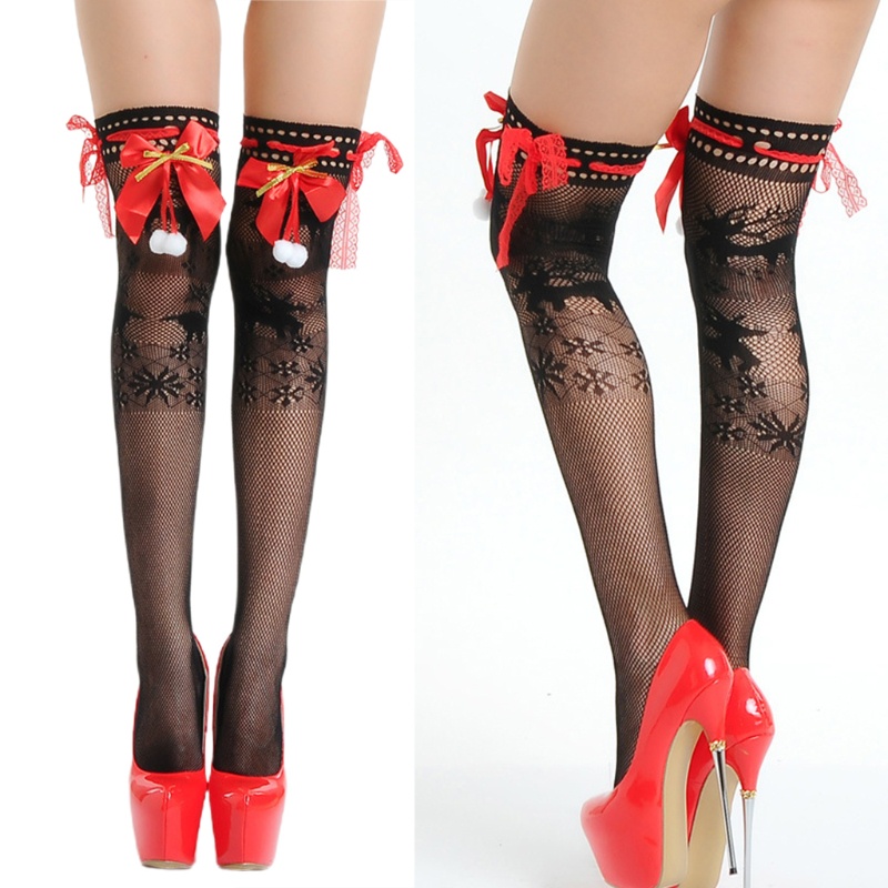 Tất Lưới Cao Qua Gối Đính Nơ Họa Tiết Giáng Sinh Cho Nữ