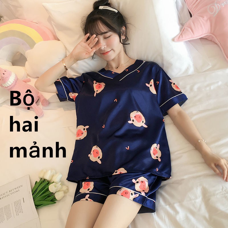 Đồ ngủ hai mảnh ngắn tay bằng lụa giả mỏng mát mẻ cho mùa hè
