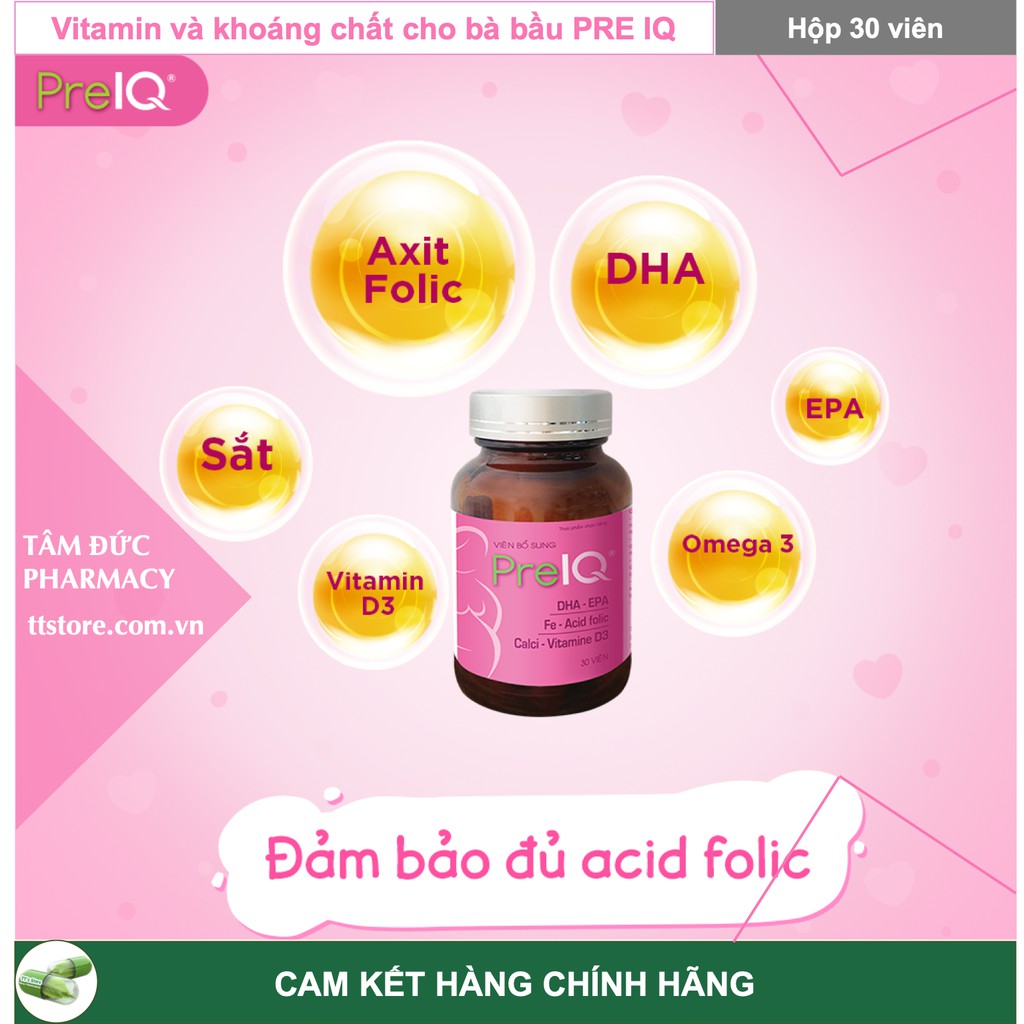 PREIQ [Hộp 30 viên] - Viên uống bổ sung Vitamin và khoáng chất thiết yếu cho phụ nữ mang thai [pre iq, prenatal]