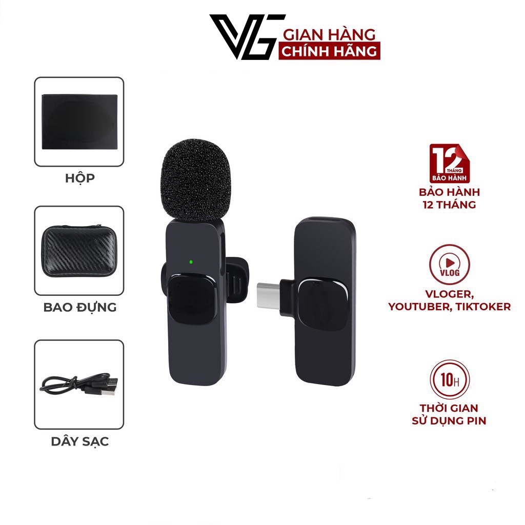 Micro thu âm không dây VG bản nâng cấp của micro K8 K9 khử tiếng ồn phát trực tiếp/ quay video ghi âm , Micro cài áo