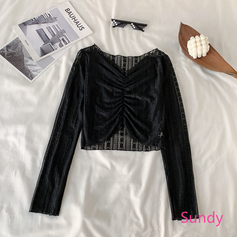 Áo croptop tay dài vải ren gợi cảm thời trang mùa hè cho bạn gái áo kiểu ren