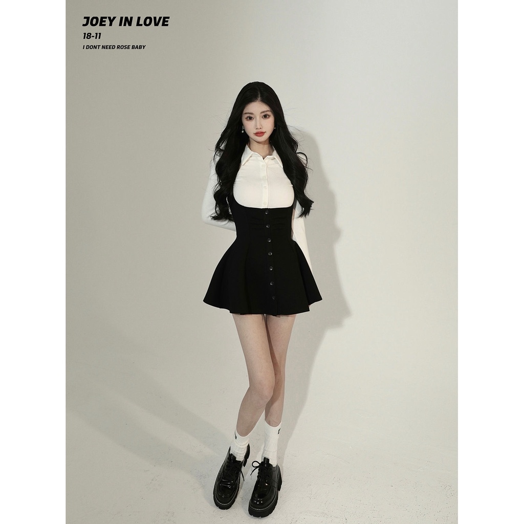 [Jey] &lt; Won't Be Obedient} Đầm Tay Dài Cổ polo Dáng Chữ a Thời Trang Mùa Xuân