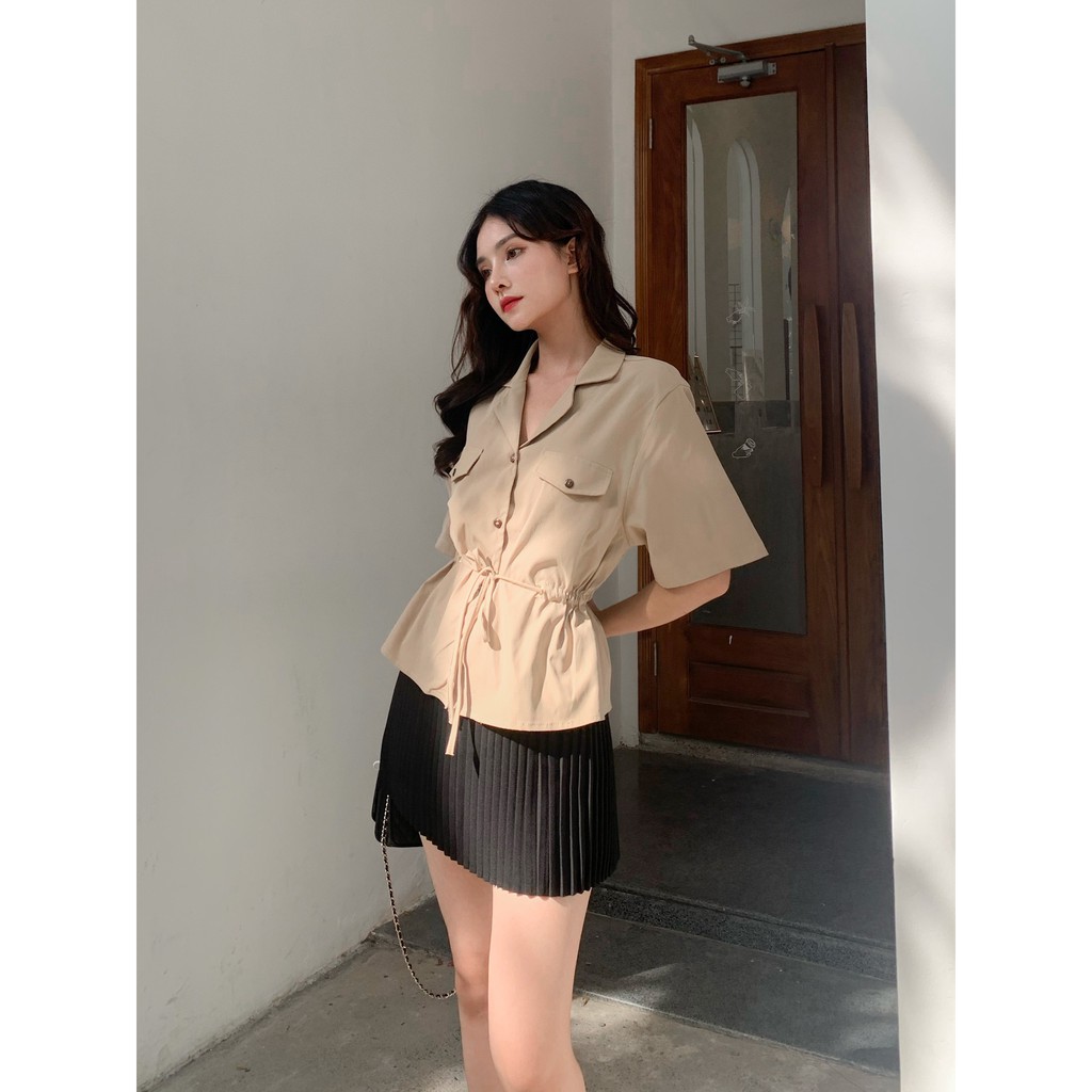 TUBYCATU | Áo sơ mi kem rút eo túi đắp