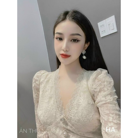 Váy đầm dự tiệc nữ trắng midi hoa tay dài cổ V đính khuy thiết kế sang trọng chiết eo duyên dáng dự tiệc cưới sang chảnh