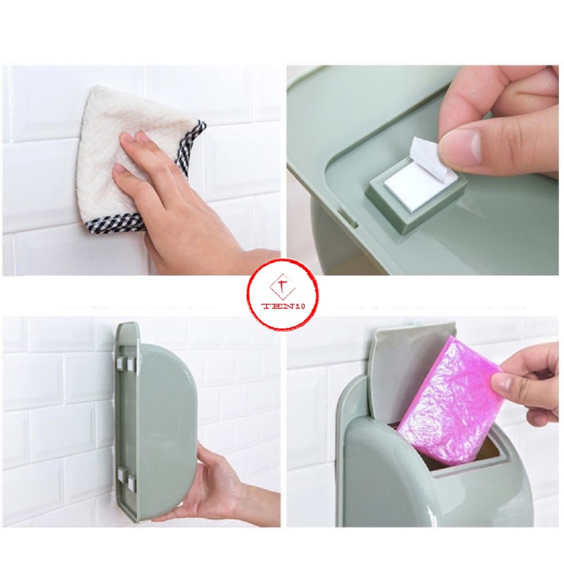 Hộp dán tường đựng túi bịch nilon túi rác dán siêu dính chịu lực tốt giúp gian bếp gọn gàng màu hồng xanh