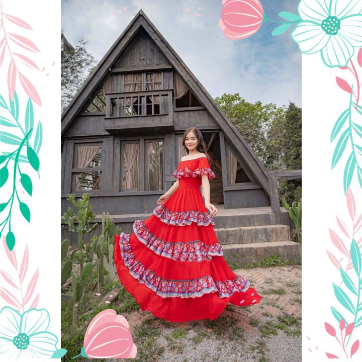 Váy Đầm Maxi Đi Biển Bệt Vai Phối Viền Hoa Cao Cấp Đầm Maxi Sống Ảo Cho Nàng