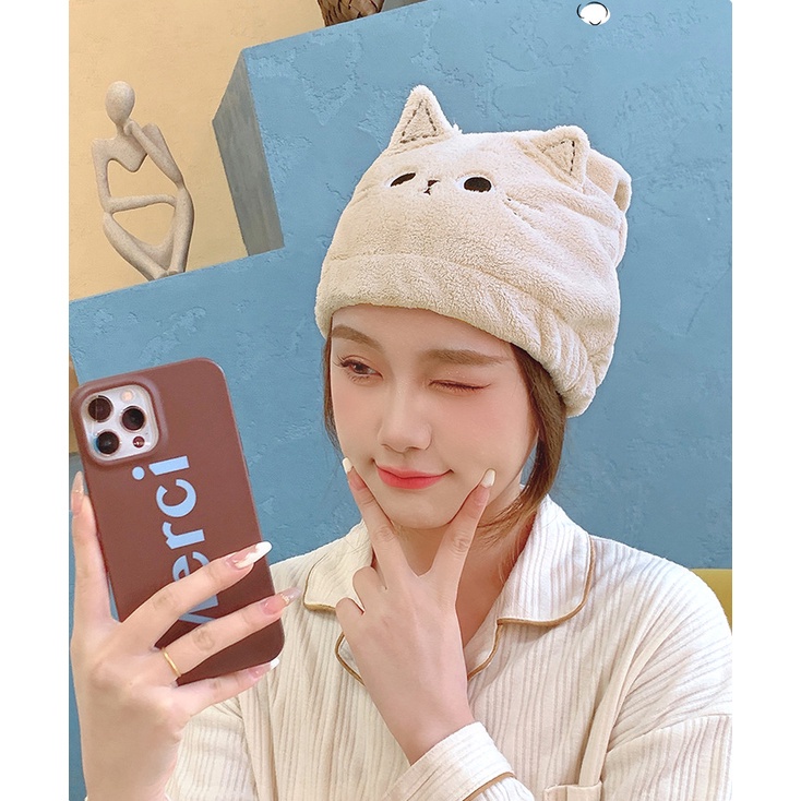 PVN50663 Khăn quấn tóc, mũ trùm đầu thấm nước làm khô tóc hình con mèo Giá Rẻ