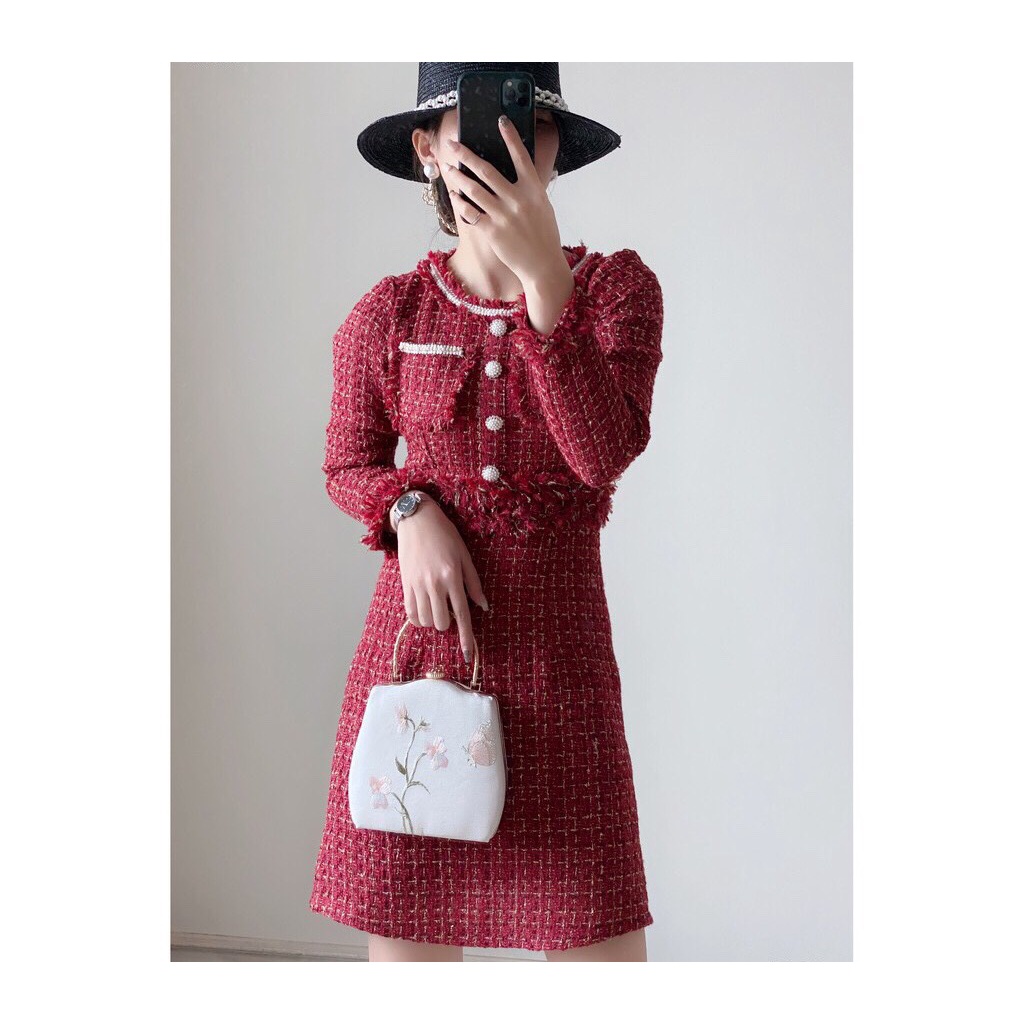 Váy dạ tweed cổ đính dây ngọc cúc ngọc