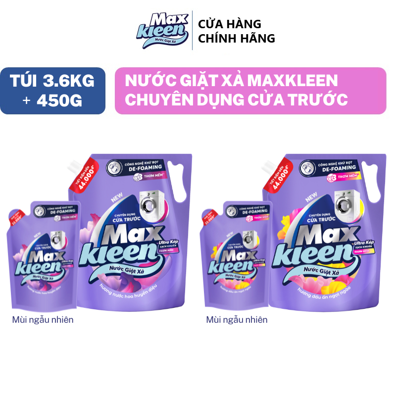 Túi Nước Giặt Xả MaxKleen chuyên dụng Cửa Trước 3.6kg  Tặng thêm Túi 450G mùi ngẫu nhiên