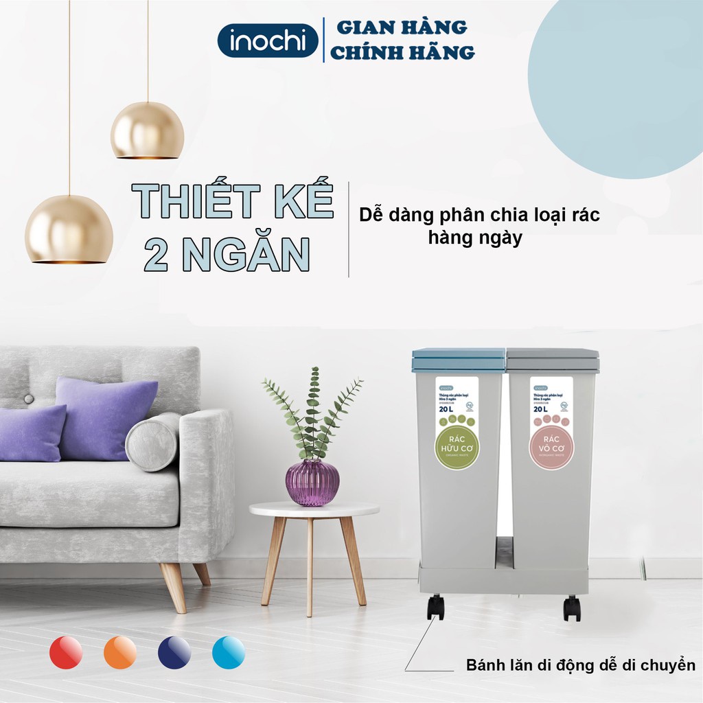 Thùng rác phân loại 2 ngăn 20L 4 bánh xe di động - thùng rác đa năng chính hãng Inochi