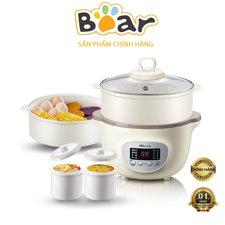 Nồi Nấu Cháo Chậm Cho Bé BEAR DDZ-D16J3 1.6L Ninh Hầm Đa Năng, Kèm Lồng Hấp- CÓ HDSD TIẾNG VIỆT