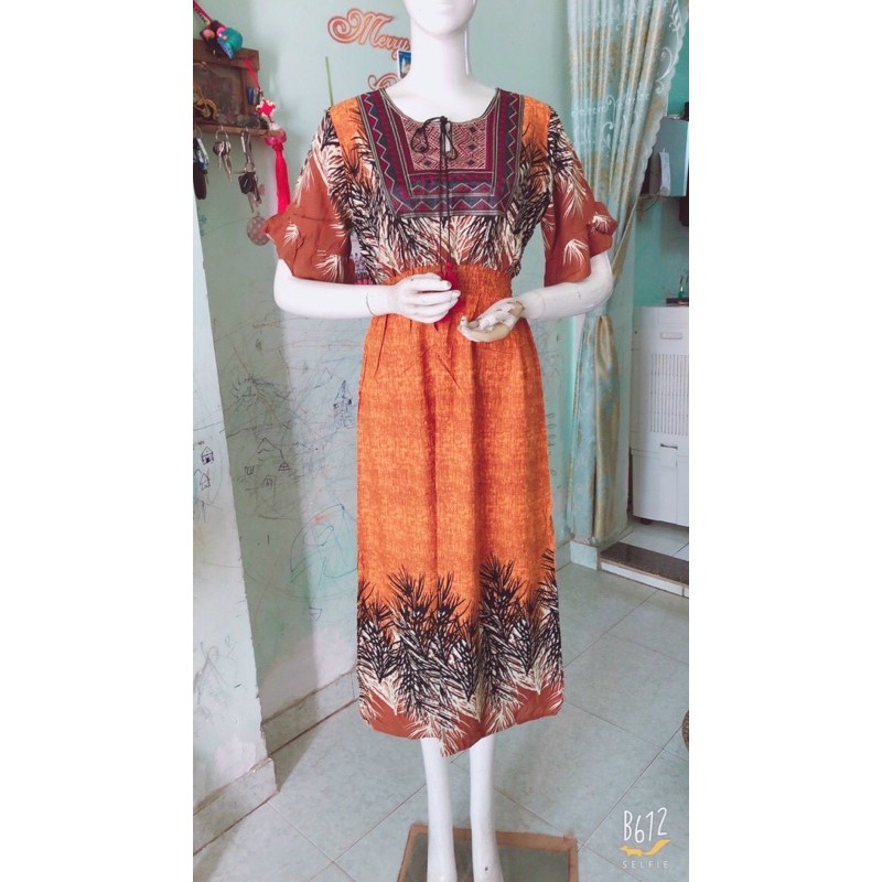 [Mã WAMT1505 giảm 10K đơn 0K] Đầm lanh lụa thêu thổ cẩm có tay (48-65ký)