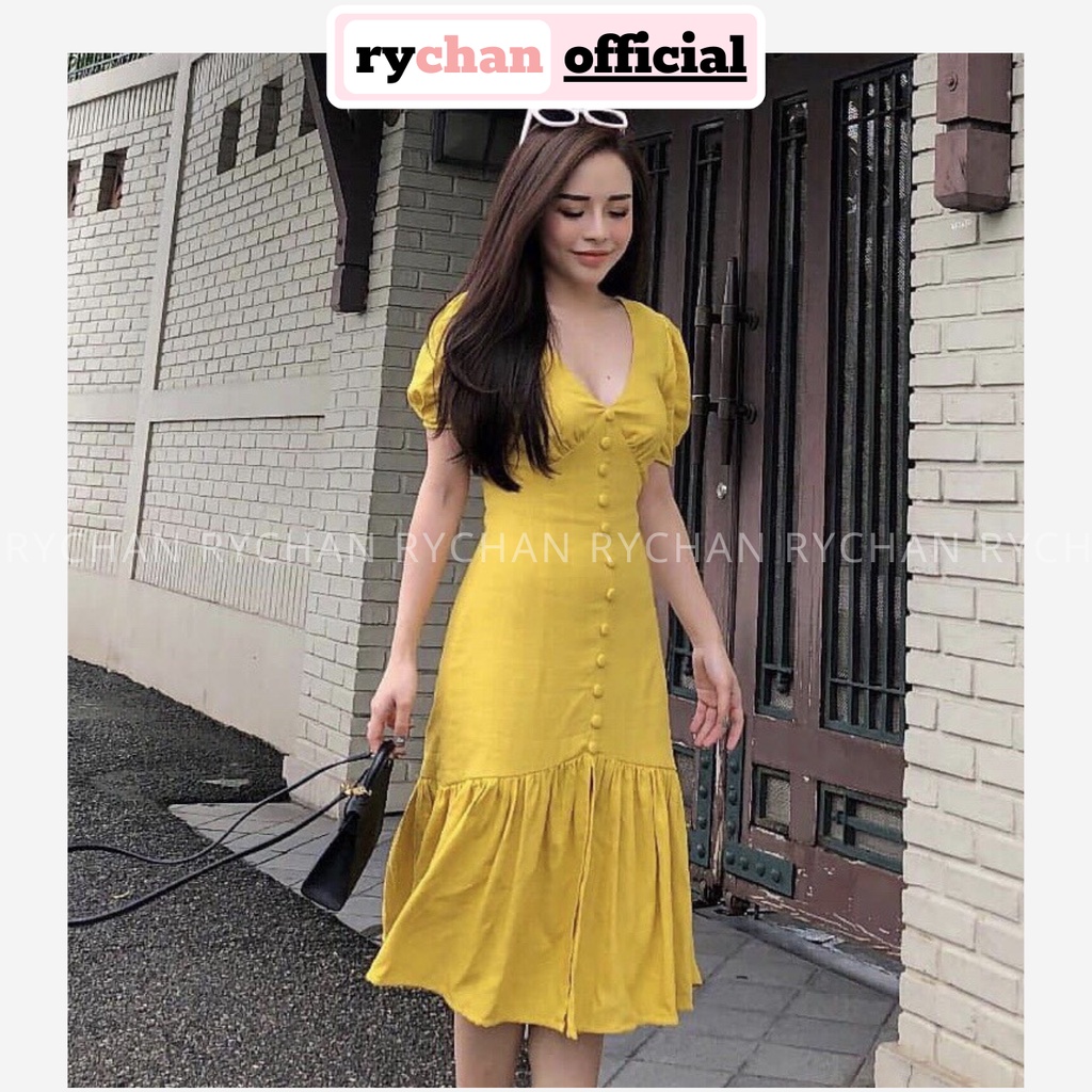 [ẢNH THẬT CUỐI] DX893 - Đầm Xòe Cổ V Nút Bọc Nhiều Màu