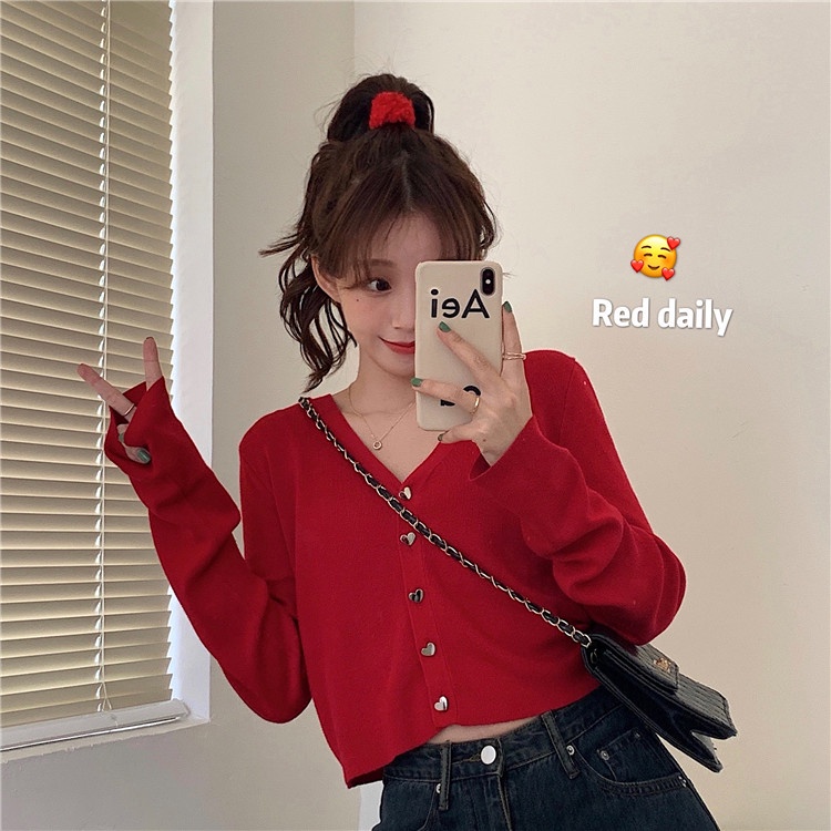 622256#Áo Khoác Cardigan Dệt Kim Cổ Chữ v Màu Đỏ Thời Trang Mùa Thu Mới 2022 Cho Nữ