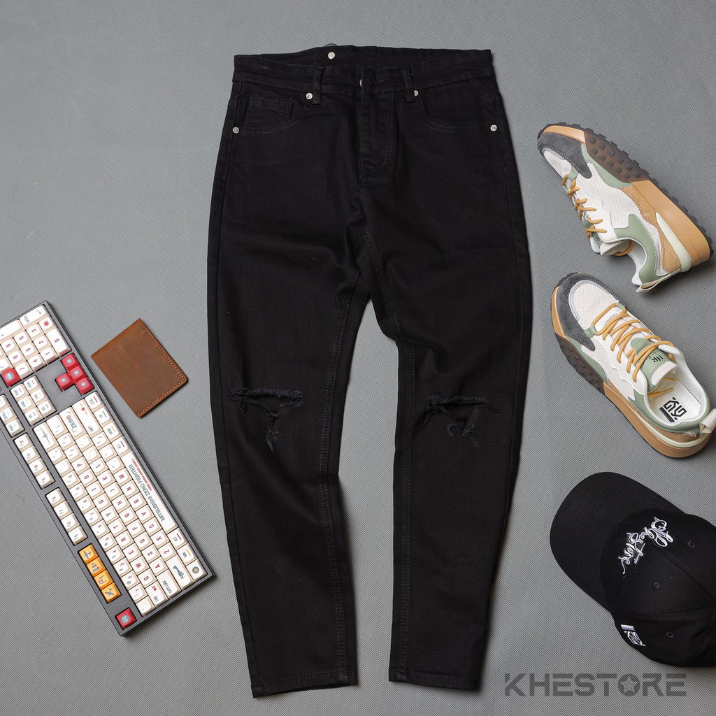 Quần Jeans Nam Khestore 9095 , Jeans Trơn Đen Rách Gối Phong Cách Hàn Quốc