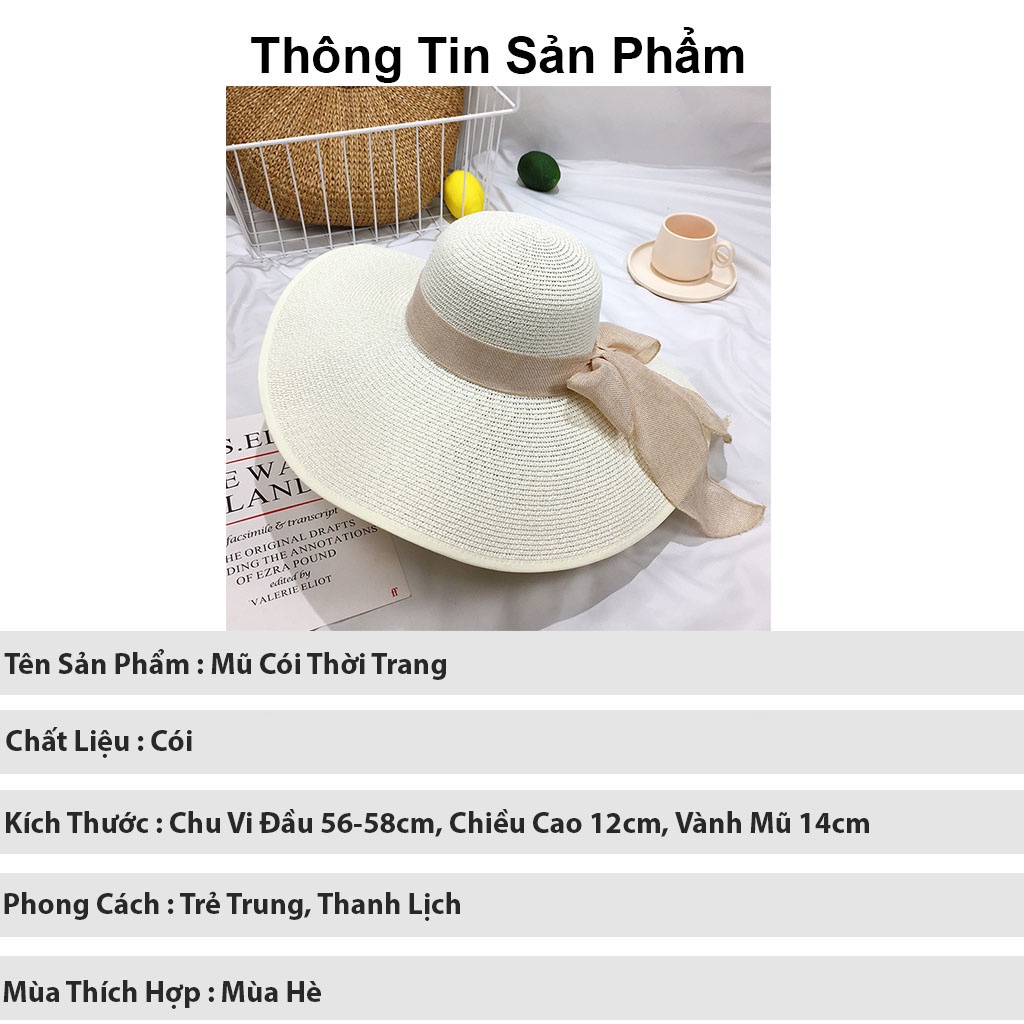 Mũ cói thời trang KOMI nón cói nữ vành rộng có nơ chống nắng du lịch biển mùa hè
