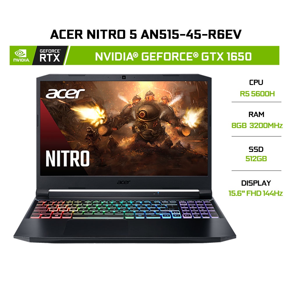 [ELBAU7 giảm 7%] Laptop Acer Nitro 5 AN515-45-R6EV R5-5600H 8GB 512GB GTX1650 15.6'144Hz W11