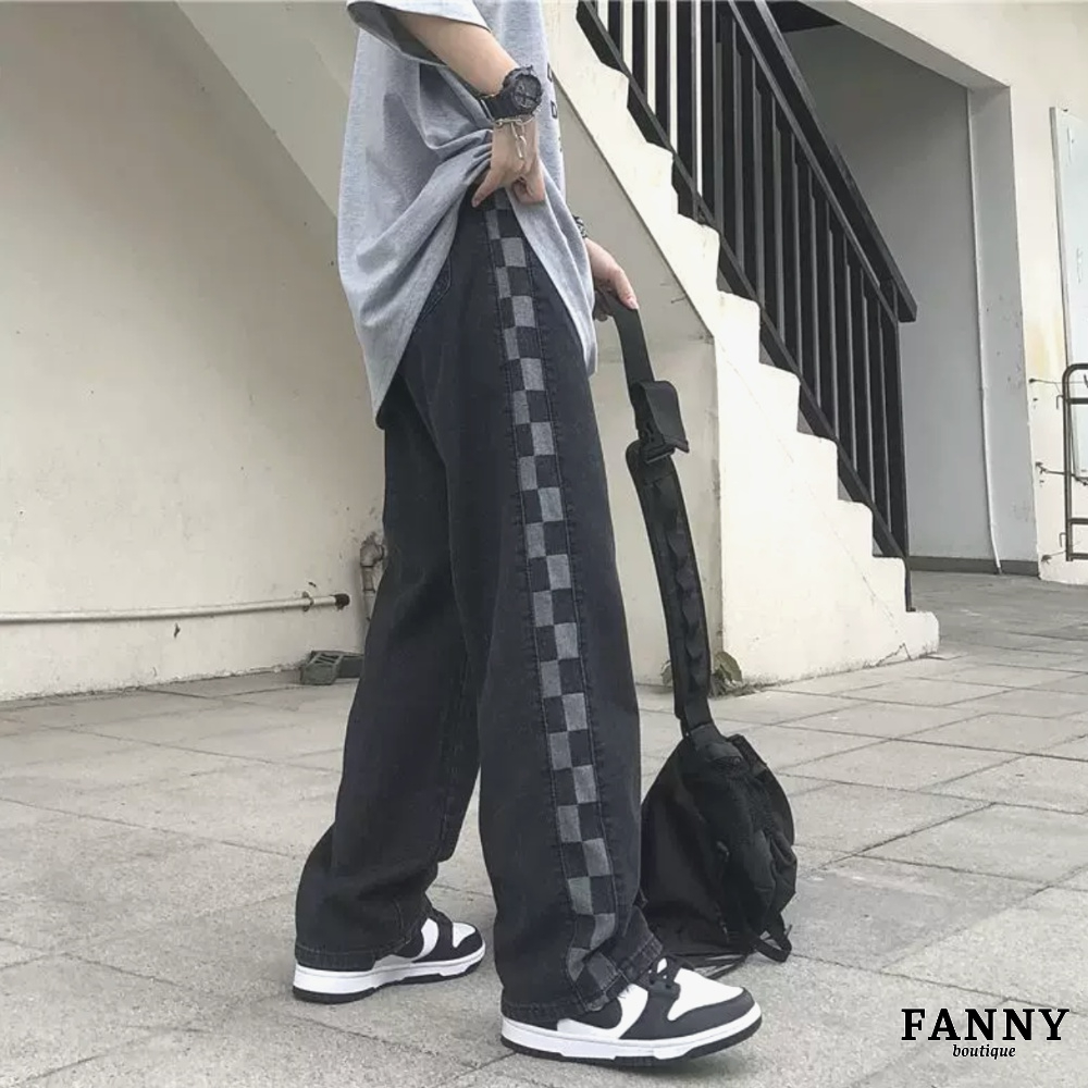 Quần jean nữ ống rộng, quần bò nữ lưng cạp cao phối màu caro cá tính phong cách hiphop