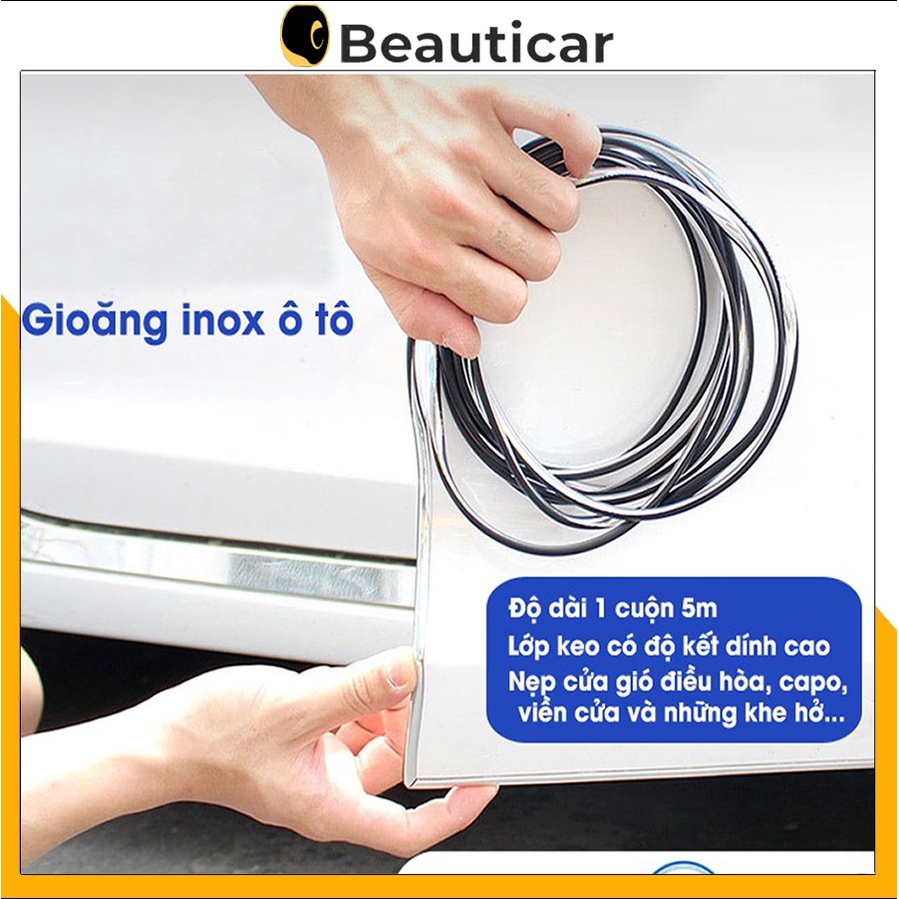 Gioăng inox, nẹp viền cửa inox dán trang trí viền xe ô tô, Chỉ viền trang trí nội thất xe hơi - Cuộn 5M