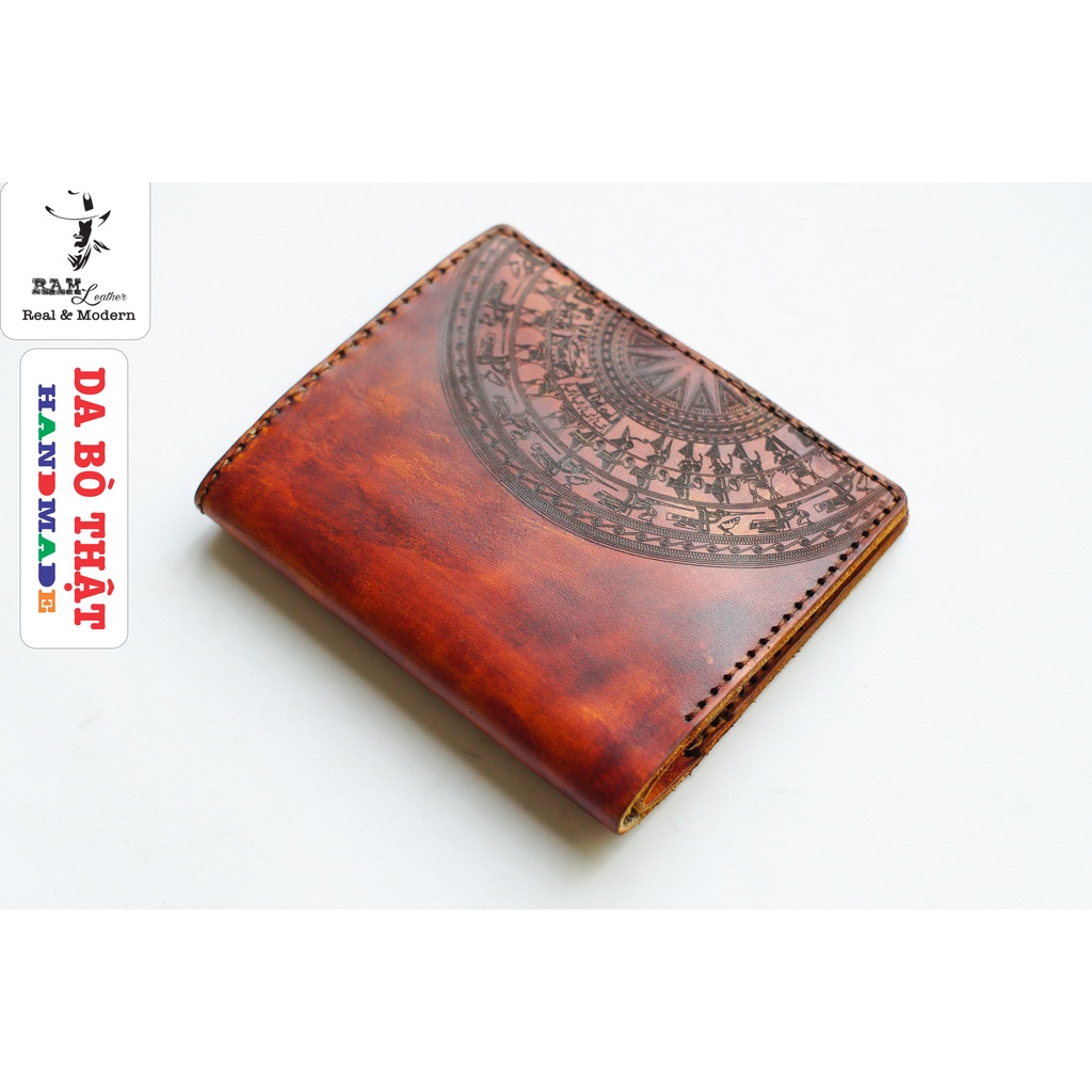 Ví nam handmade da bò vegtan Italia handmade bền chắc cao cấp khắc Trống Đồng Việt Nam nâu sáng RAM Leather