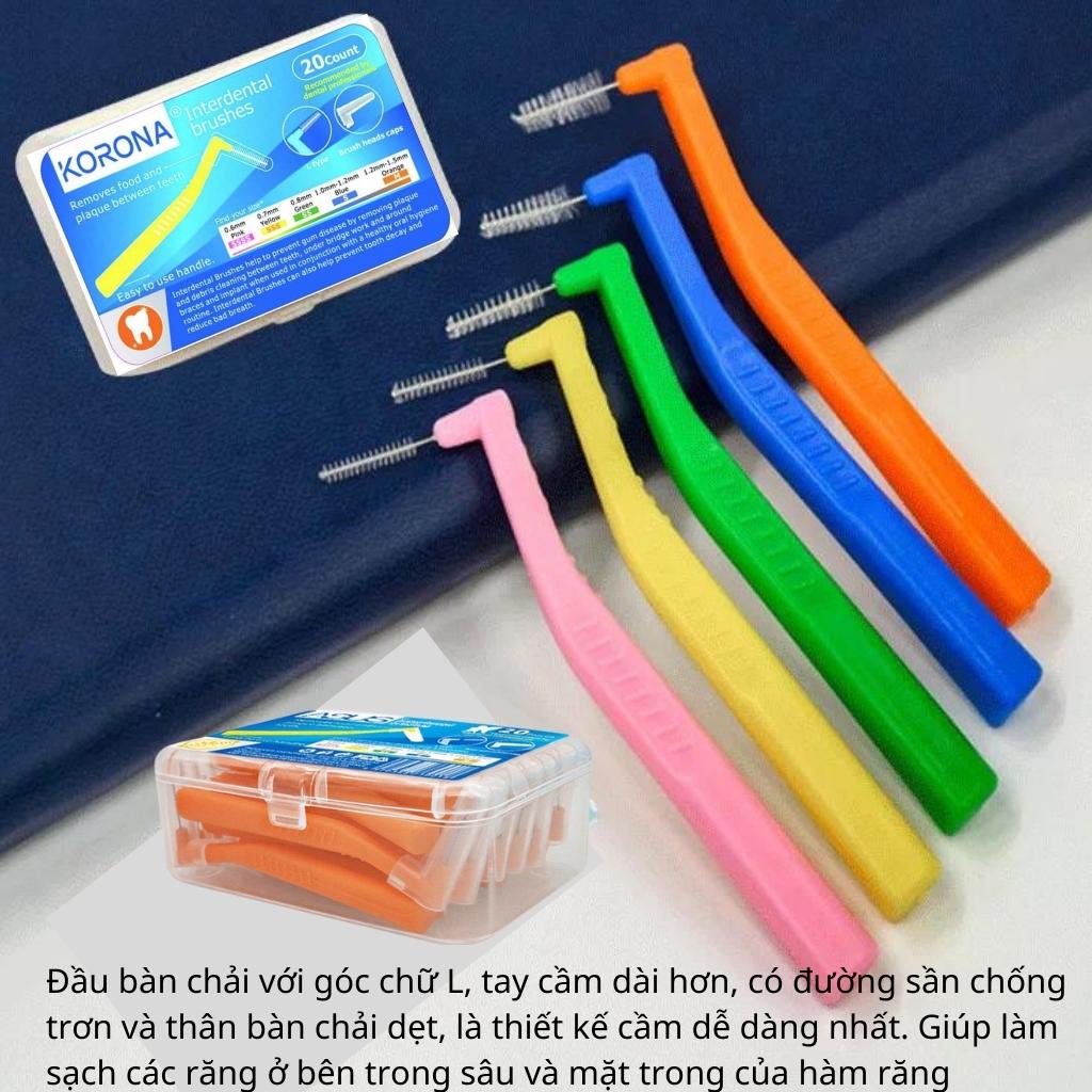 Bàn chải kẽ cho răng niềng Korona (hộp 20 chiếc) dạng L nhiều size, vệ sinh răng niềng loại tốt