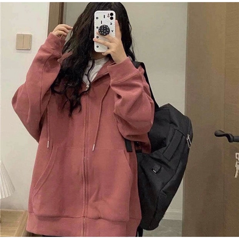 Áo khoác áo hoodie zip thu đông tay bồng màu đỏ cam đất