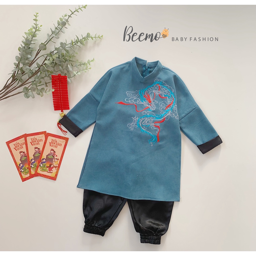 Áo dài Tết cho bé trai Beemo - Chất liệu nhung chéo mềm mịn,quần lụa bóng, điểm nhấn vai thêu họa tiết rồng cực đep B090