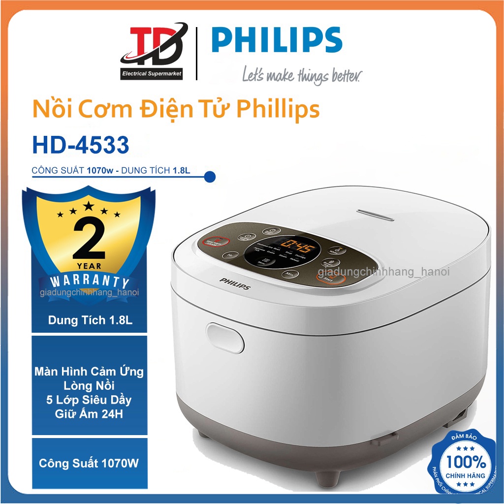 Nồi Cơm Điện Tử Philips HD4533 Lòng Nồi 5 Lớp Siêu Dày - Công Suất 1070W - Dung Tích 1.8L - Bảo Hành Chính Hãng 2 Năm