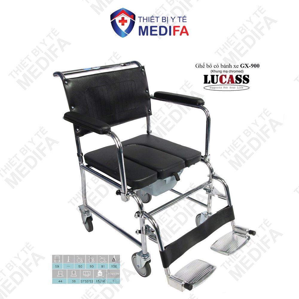 Ghế Bô Cho Người Già, Người Ốm Lucass GX-900 Có Đệm, Bánh Xe, Gác Chân - Như 1 Chiếc Xe Lăn